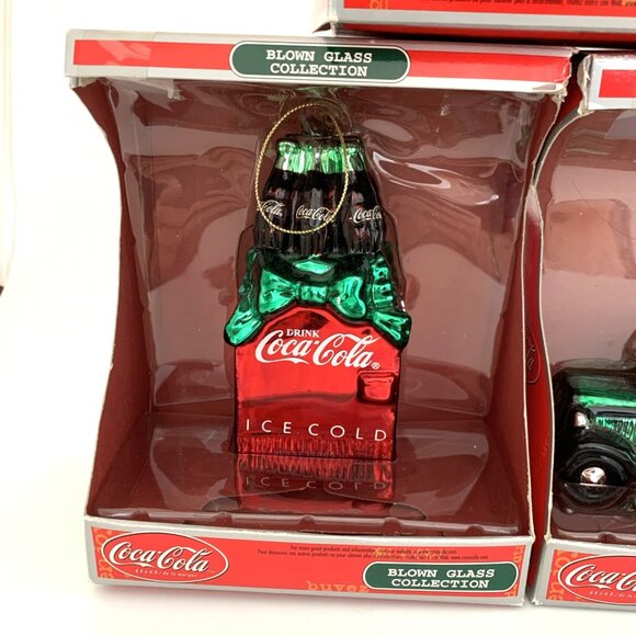 3 Coca-Cola Hand Blown Glass Ornaments Delivery Truck Cooler & Coke Glass Boxes - Picture 3 of 9